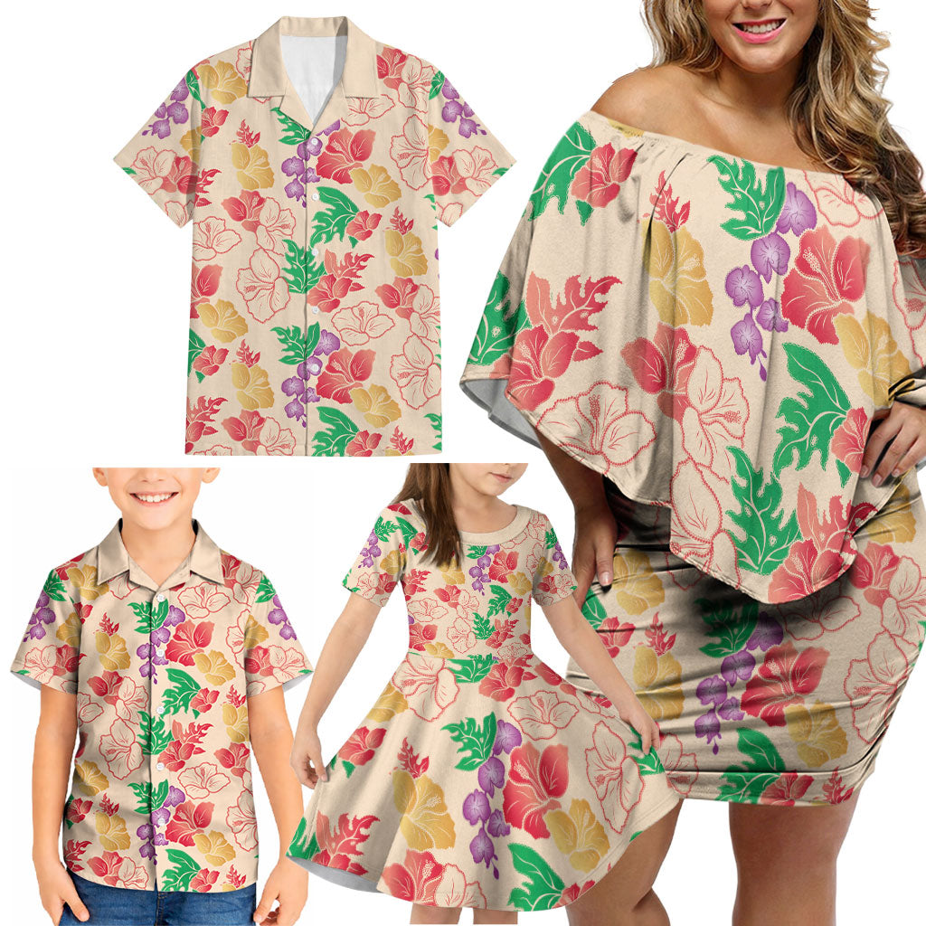 Colorful Aloha Hawaii Hibiscus Orchid Seamless Family Matching Off Shoulder Short Dress and Hawaiian Shirt