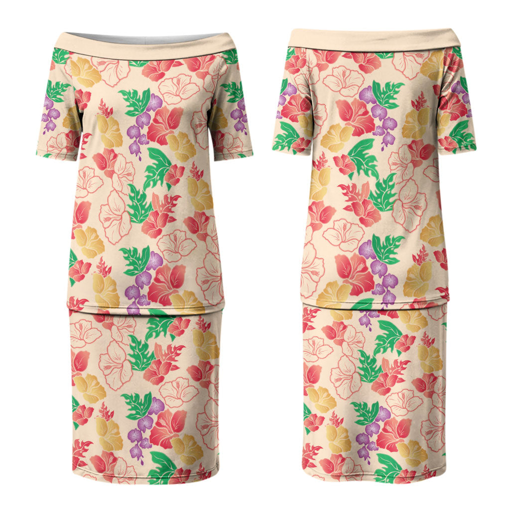 Colorful Aloha Hawaii Hibiscus Orchid Seamless Family Matching Puletasi and Hawaiian Shirt