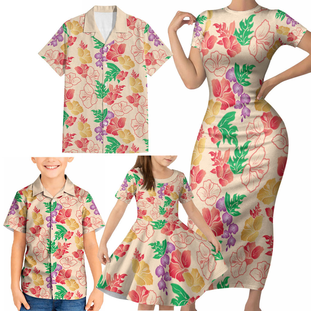 Colorful Aloha Hawaii Hibiscus Orchid Seamless Family Matching Short Sleeve Bodycon Dress and Hawaiian Shirt