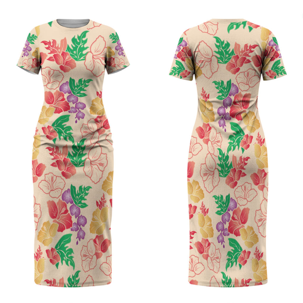 Colorful Aloha Hawaii Hibiscus Orchid Seamless Family Matching Short Sleeve Bodycon Dress and Hawaiian Shirt