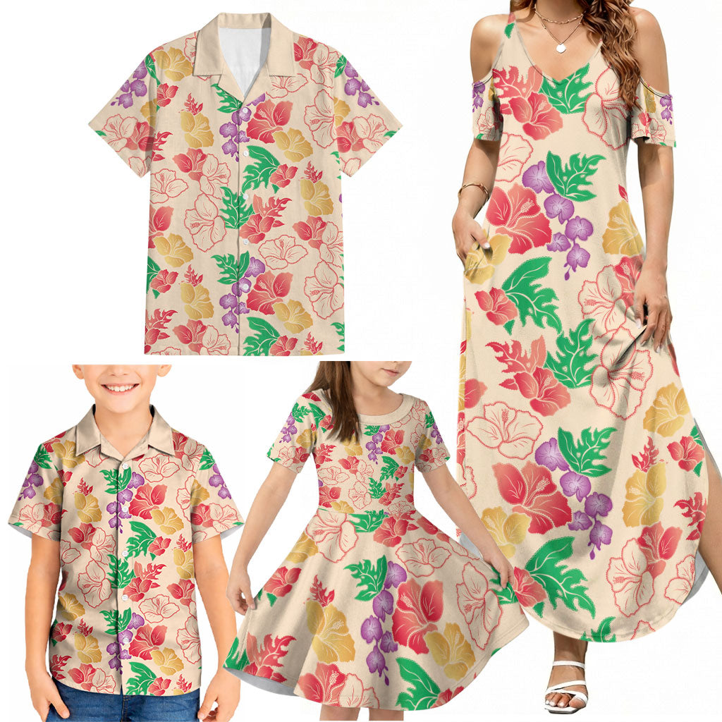 Colorful Aloha Hawaii Hibiscus Orchid Seamless Family Matching Summer Maxi Dress and Hawaiian Shirt