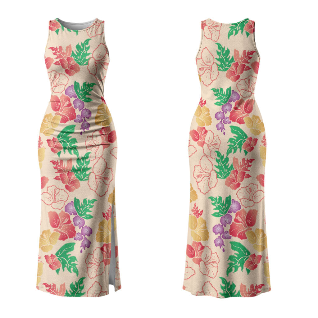 Colorful Aloha Hawaii Hibiscus Orchid Seamless Family Matching Tank Maxi Dress and Hawaiian Shirt