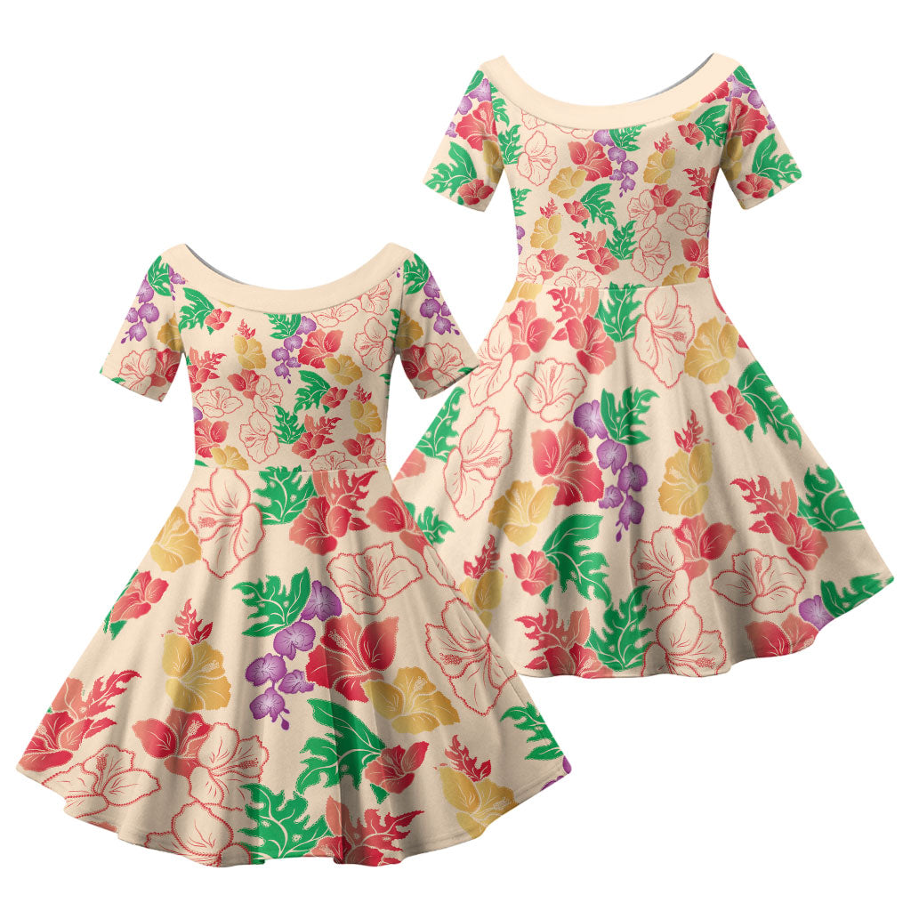 Colorful Aloha Hawaii Hibiscus Orchid Seamless Family Matching Tank Maxi Dress and Hawaiian Shirt