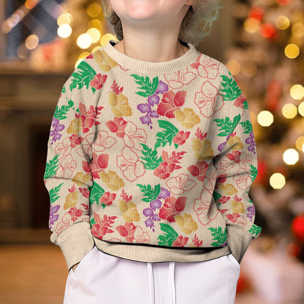 Colorful Aloha Hawaii Hibiscus Orchid Seamless Kid Ugly Christmas Sweater