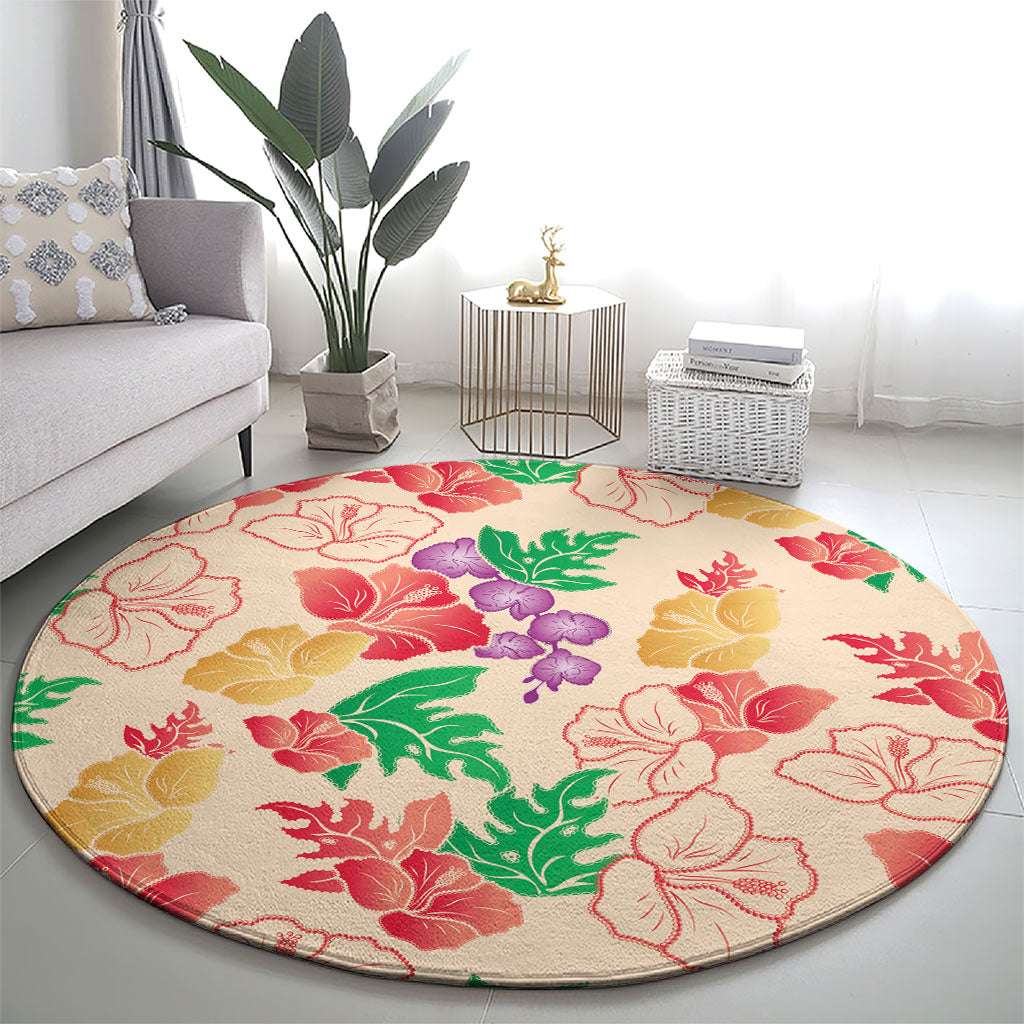 Colorful Aloha Hawaii Hibiscus Orchid Seamless Round Carpet
