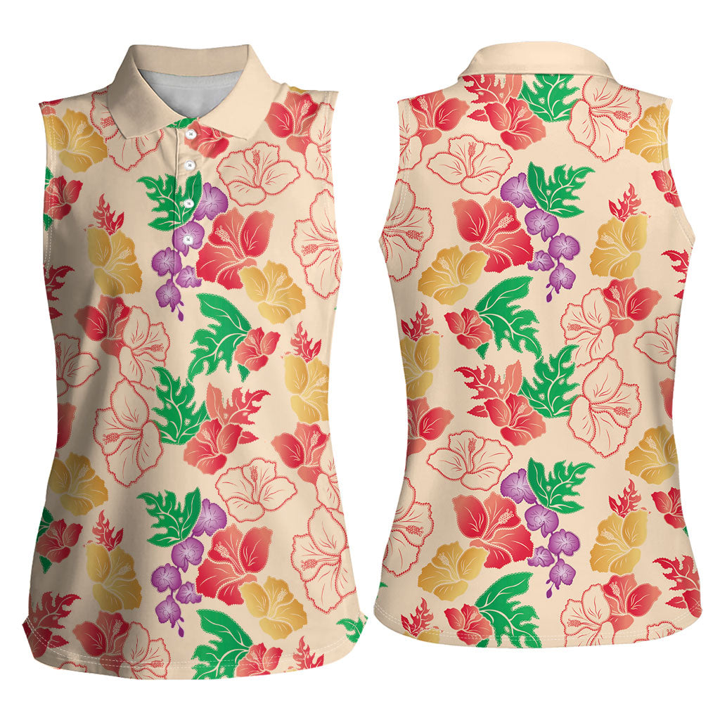 Colorful Aloha Hawaii Hibiscus Orchid Seamless Women Sleeveless Polo Shirt