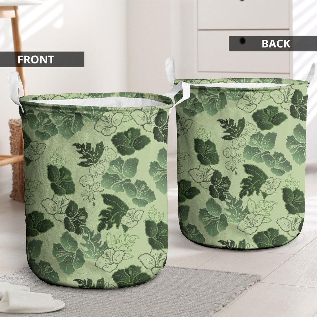 Vesuvian Green Aloha Hawaii Hibiscus Orchid Seamless Laundry Basket