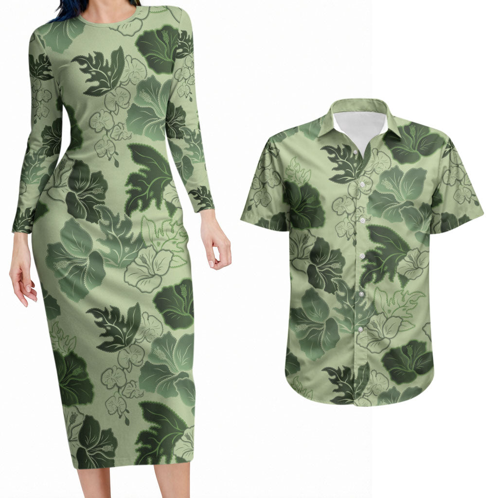 Vesuvian Green Aloha Hawaii Hibiscus Orchid Seamless Couples Matching Long Sleeve Bodycon Dress and Hawaiian Shirt