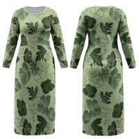 Vesuvian Green Aloha Hawaii Hibiscus Orchid Seamless Couples Matching Long Sleeve Bodycon Dress and Hawaiian Shirt