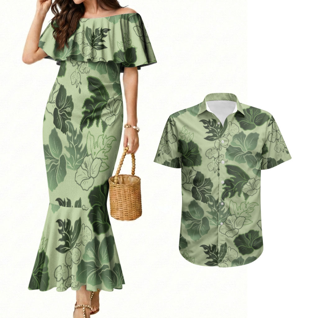 Vesuvian Green Aloha Hawaii Hibiscus Orchid Seamless Couples Matching Mermaid Dress and Hawaiian Shirt