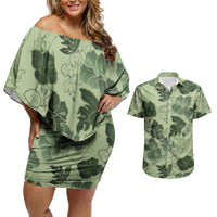 Vesuvian Green Aloha Hawaii Hibiscus Orchid Seamless Couples Matching Off Shoulder Short Dress and Hawaiian Shirt