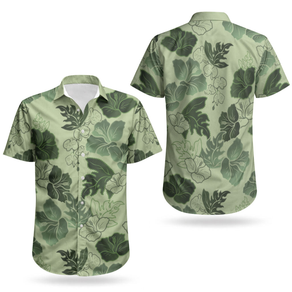 Vesuvian Green Aloha Hawaii Hibiscus Orchid Seamless Couples Matching Off Shoulder Short Dress and Hawaiian Shirt