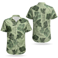 Vesuvian Green Aloha Hawaii Hibiscus Orchid Seamless Couples Matching Off Shoulder Short Dress and Hawaiian Shirt