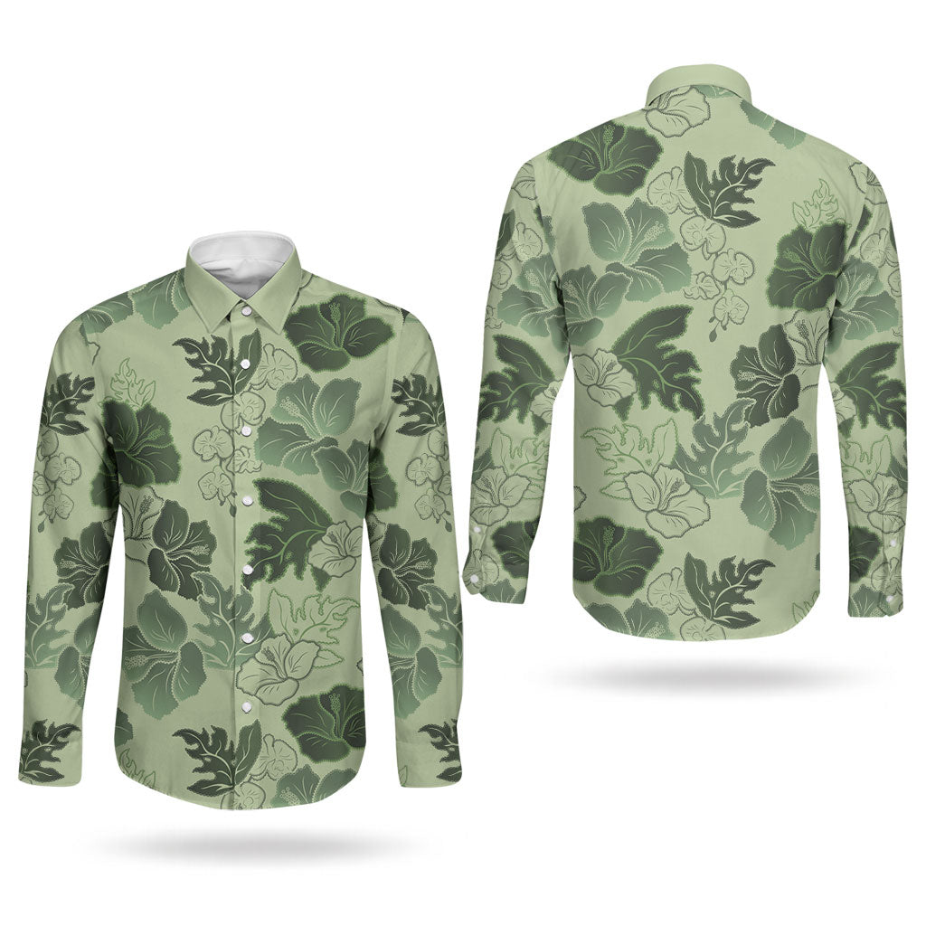 Vesuvian Green Aloha Hawaii Hibiscus Orchid Seamless Couples Matching Off Shoulder Short Dress and Long Sleeve Button Shirt
