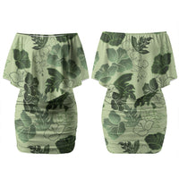 Vesuvian Green Aloha Hawaii Hibiscus Orchid Seamless Couples Matching Off Shoulder Short Dress and Long Sleeve Button Shirt