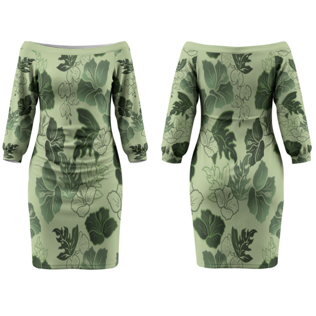 Vesuvian Green Aloha Hawaii Hibiscus Orchid Seamless Couples Matching Off The Shoulder Long Sleeve Dress and Hawaiian Shirt