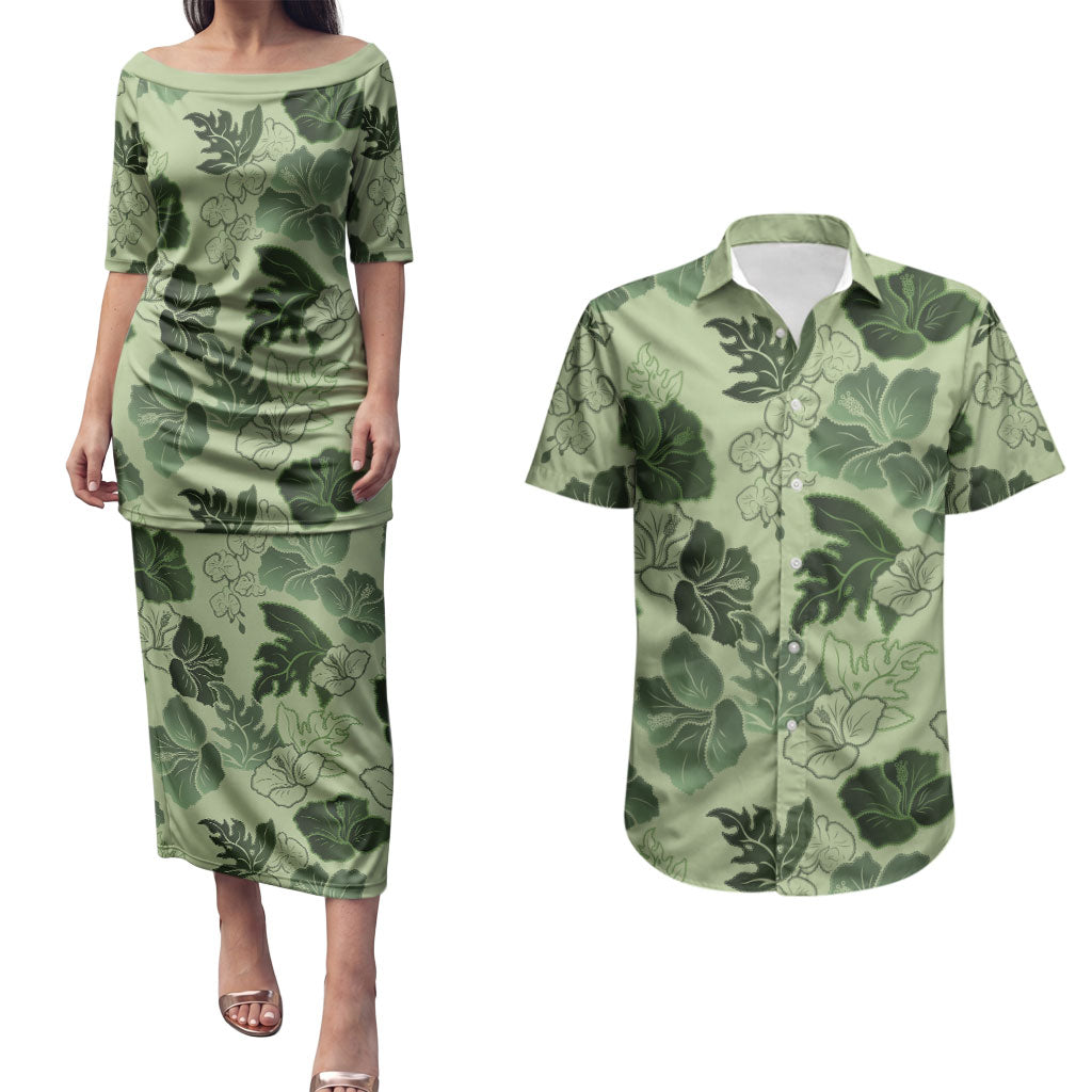 Vesuvian Green Aloha Hawaii Hibiscus Orchid Seamless Couples Matching Puletasi and Hawaiian Shirt