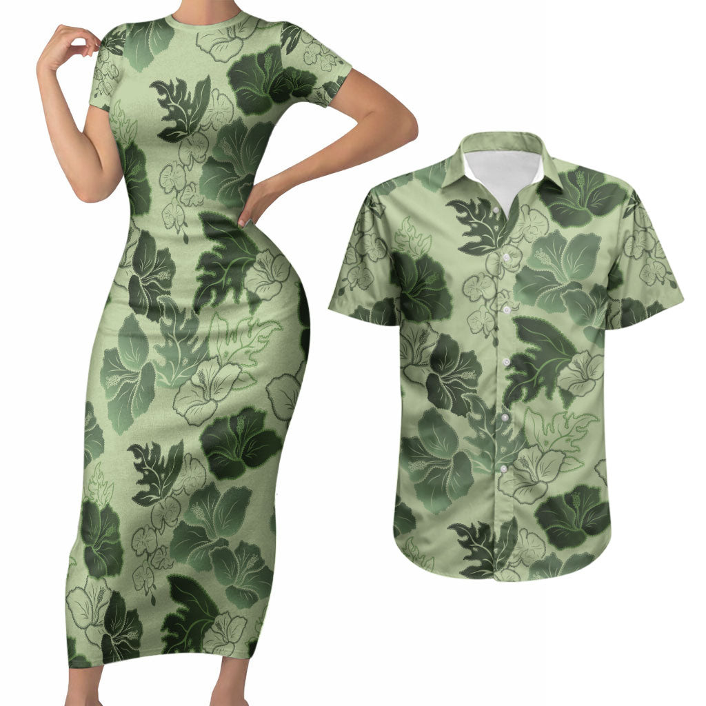 Vesuvian Green Aloha Hawaii Hibiscus Orchid Seamless Couples Matching Short Sleeve Bodycon Dress and Hawaiian Shirt