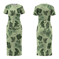 Vesuvian Green Aloha Hawaii Hibiscus Orchid Seamless Couples Matching Short Sleeve Bodycon Dress and Hawaiian Shirt
