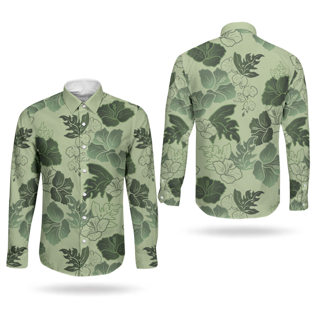 Vesuvian Green Aloha Hawaii Hibiscus Orchid Seamless Couples Matching Short Sleeve Bodycon Dress and Long Sleeve Button Shirt
