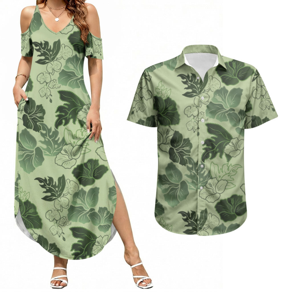 Vesuvian Green Aloha Hawaii Hibiscus Orchid Seamless Couples Matching Summer Maxi Dress and Hawaiian Shirt