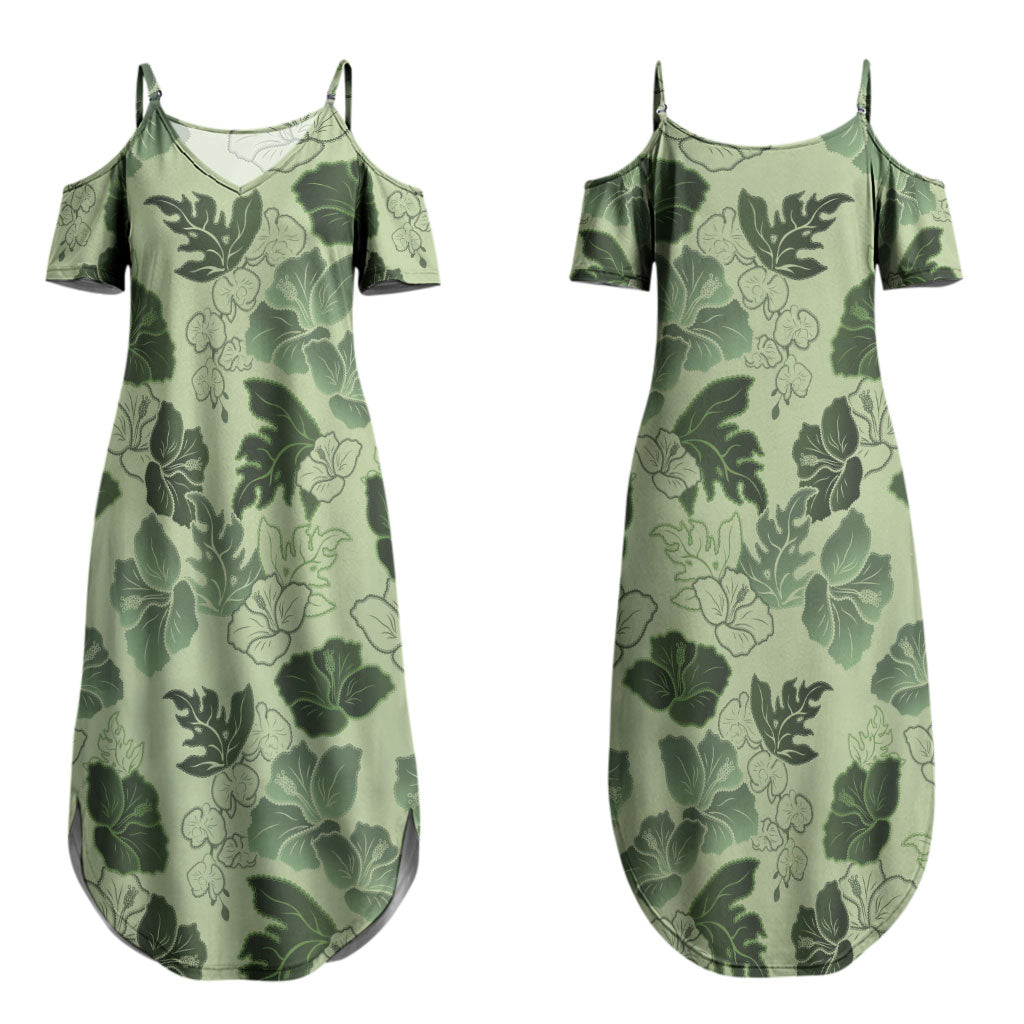Vesuvian Green Aloha Hawaii Hibiscus Orchid Seamless Couples Matching Summer Maxi Dress and Long Sleeve Button Shirt
