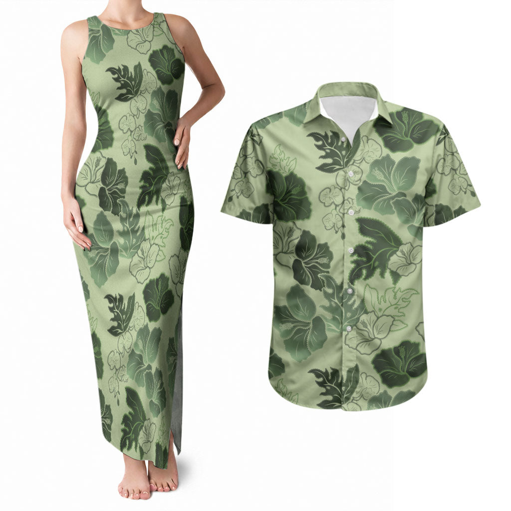 Vesuvian Green Aloha Hawaii Hibiscus Orchid Seamless Couples Matching Tank Maxi Dress and Hawaiian Shirt