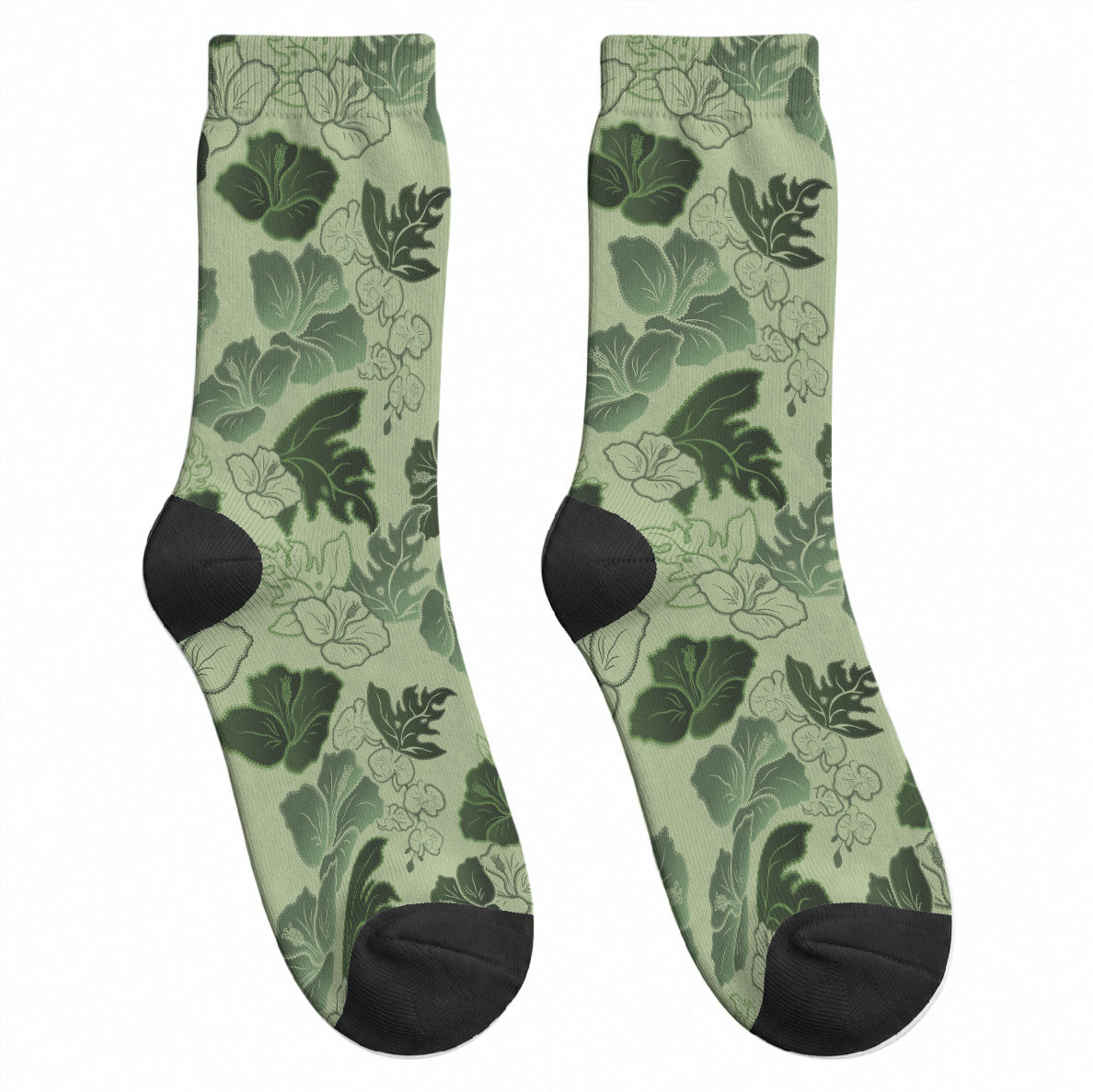 Vesuvian Green Aloha Hawaii Hibiscus Orchid Seamless Crew Socks LT14 - Polynesian Pride