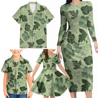 Vesuvian Green Aloha Hawaii Hibiscus Orchid Seamless Family Matching Long Sleeve Bodycon Dress and Hawaiian Shirt