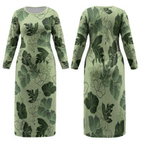 Vesuvian Green Aloha Hawaii Hibiscus Orchid Seamless Family Matching Long Sleeve Bodycon Dress and Hawaiian Shirt