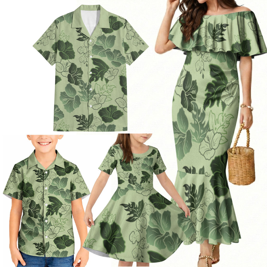 Vesuvian Green Aloha Hawaii Hibiscus Orchid Seamless Family Matching Mermaid Dress and Hawaiian Shirt