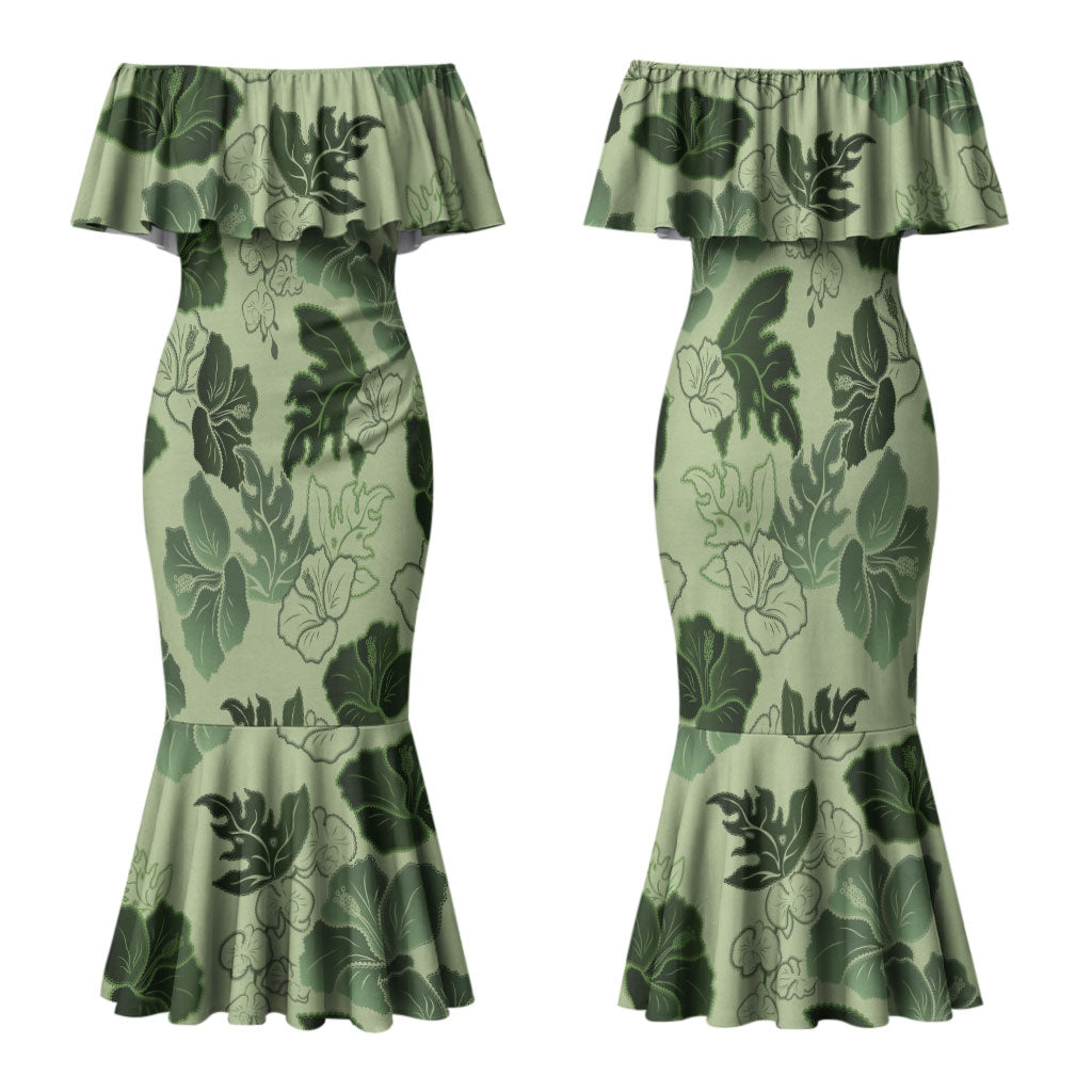 Vesuvian Green Aloha Hawaii Hibiscus Orchid Seamless Family Matching Mermaid Dress and Hawaiian Shirt