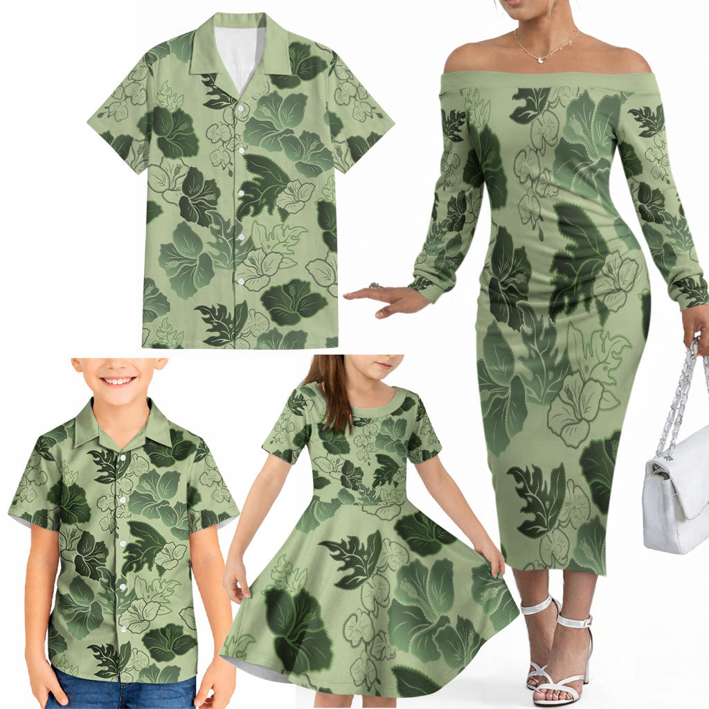 Vesuvian Green Aloha Hawaii Hibiscus Orchid Seamless Family Matching Off The Shoulder Long Sleeve Dress and Hawaiian Shirt