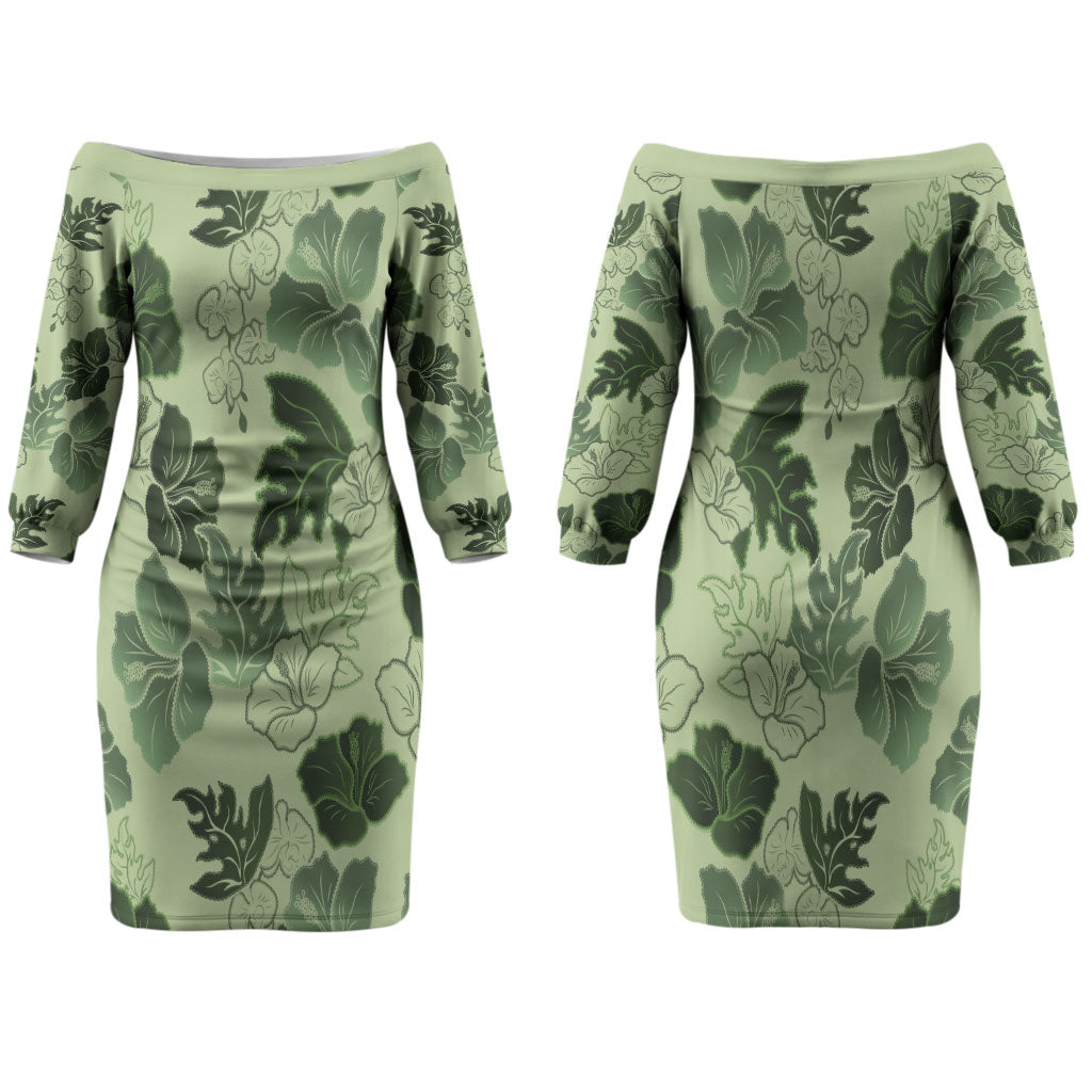 Vesuvian Green Aloha Hawaii Hibiscus Orchid Seamless Family Matching Off The Shoulder Long Sleeve Dress and Hawaiian Shirt
