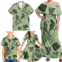Vesuvian Green Aloha Hawaii Hibiscus Orchid Seamless Family Matching Off Shoulder Maxi Dress and Hawaiian Shirt