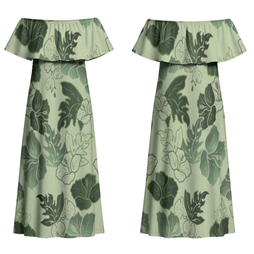 Vesuvian Green Aloha Hawaii Hibiscus Orchid Seamless Family Matching Off Shoulder Maxi Dress and Hawaiian Shirt
