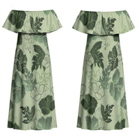 Vesuvian Green Aloha Hawaii Hibiscus Orchid Seamless Family Matching Off Shoulder Maxi Dress and Hawaiian Shirt