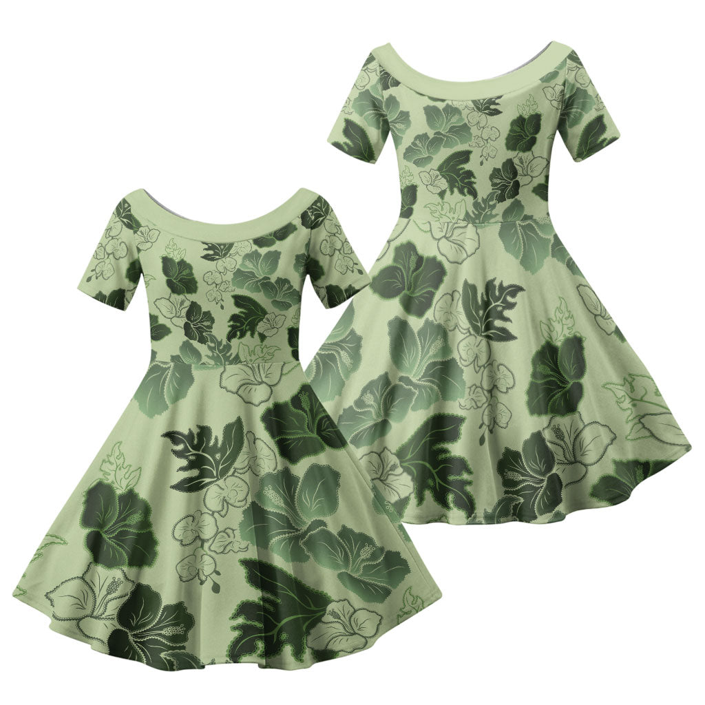 Vesuvian Green Aloha Hawaii Hibiscus Orchid Seamless Family Matching Off Shoulder Maxi Dress and Hawaiian Shirt