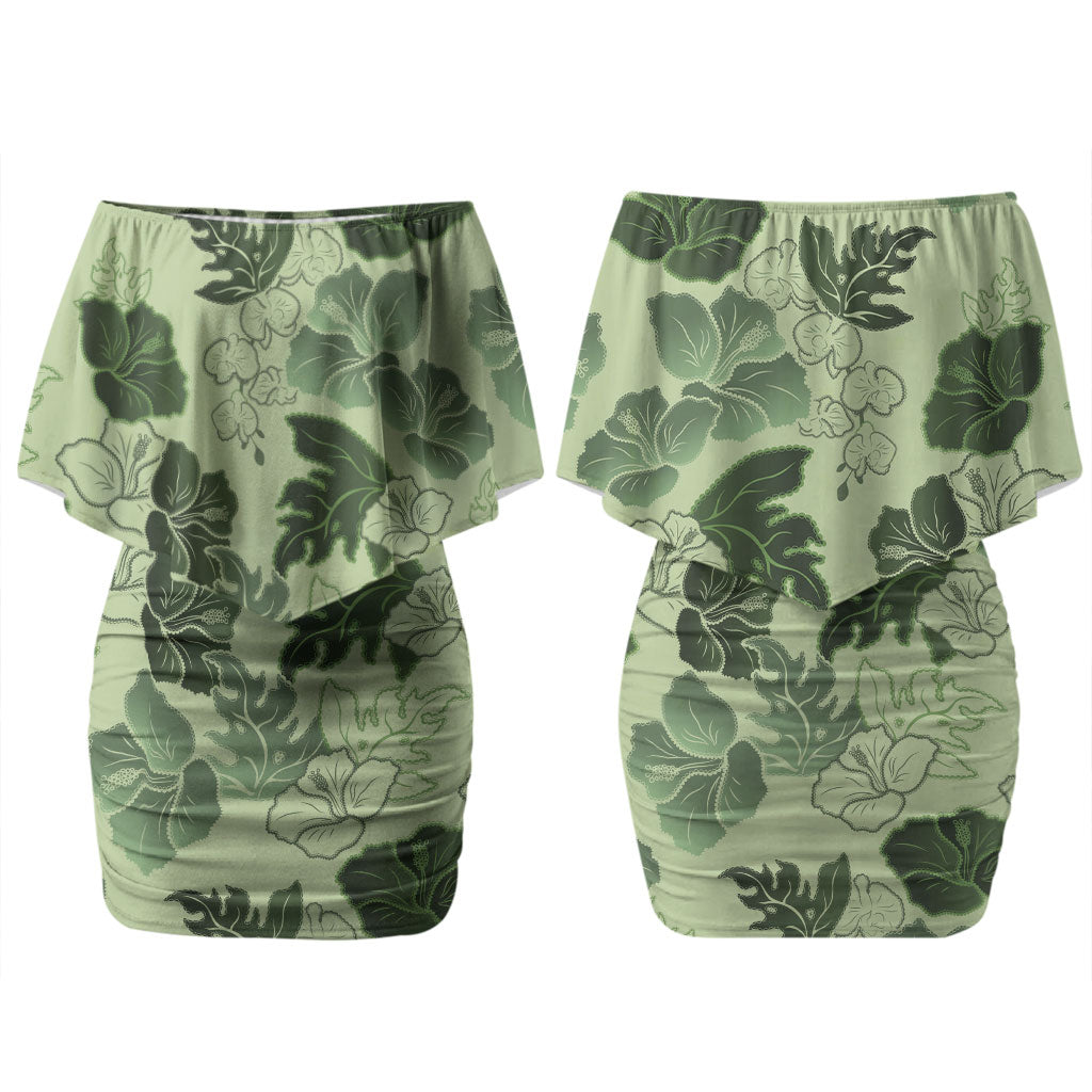 Vesuvian Green Aloha Hawaii Hibiscus Orchid Seamless Family Matching Off Shoulder Short Dress and Hawaiian Shirt