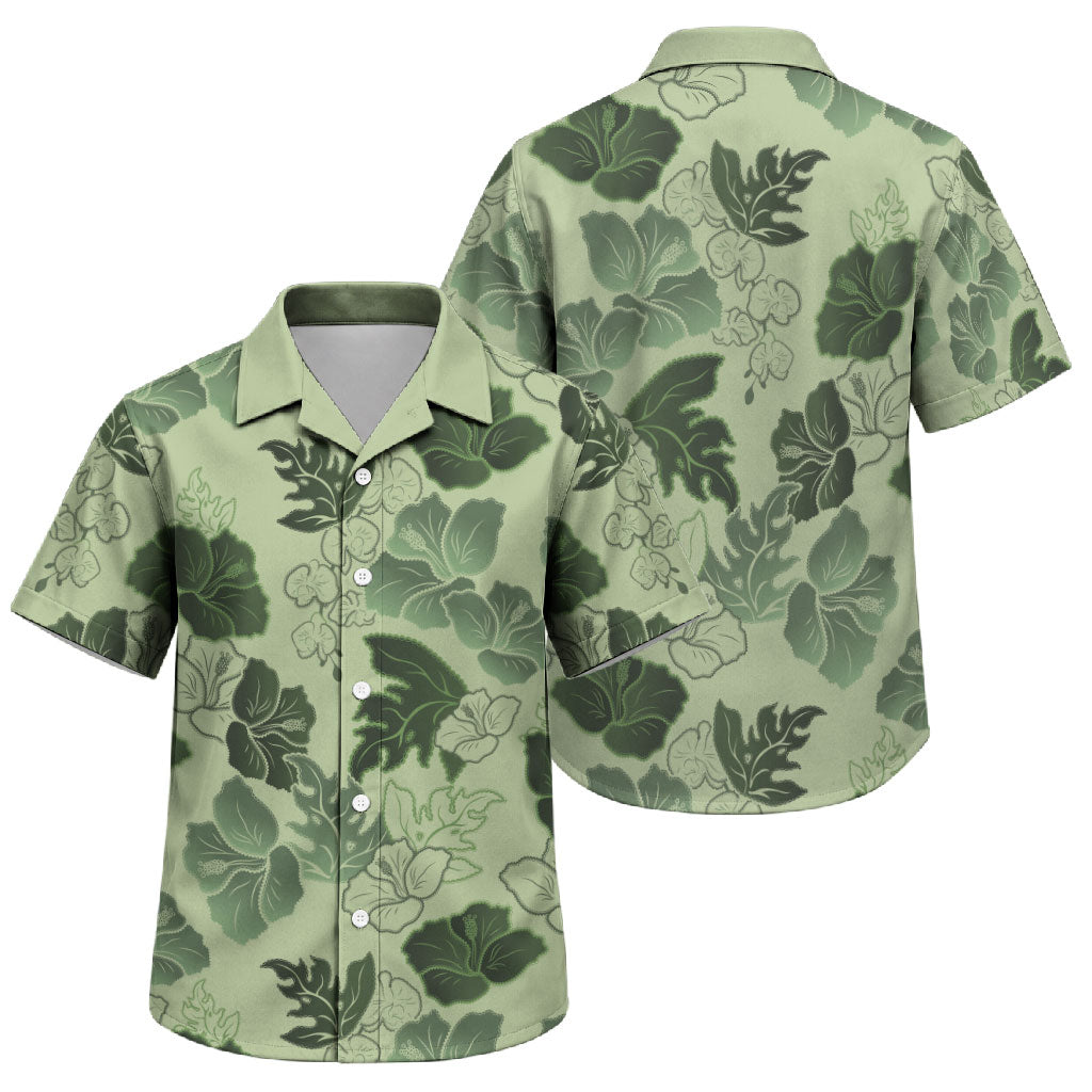 Vesuvian Green Aloha Hawaii Hibiscus Orchid Seamless Family Matching Off Shoulder Short Dress and Hawaiian Shirt