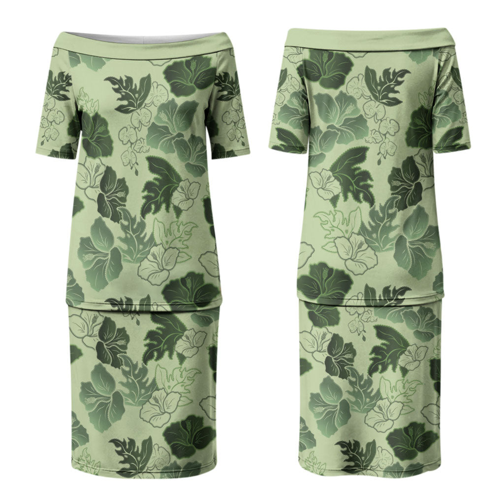 Vesuvian Green Aloha Hawaii Hibiscus Orchid Seamless Family Matching Puletasi and Hawaiian Shirt