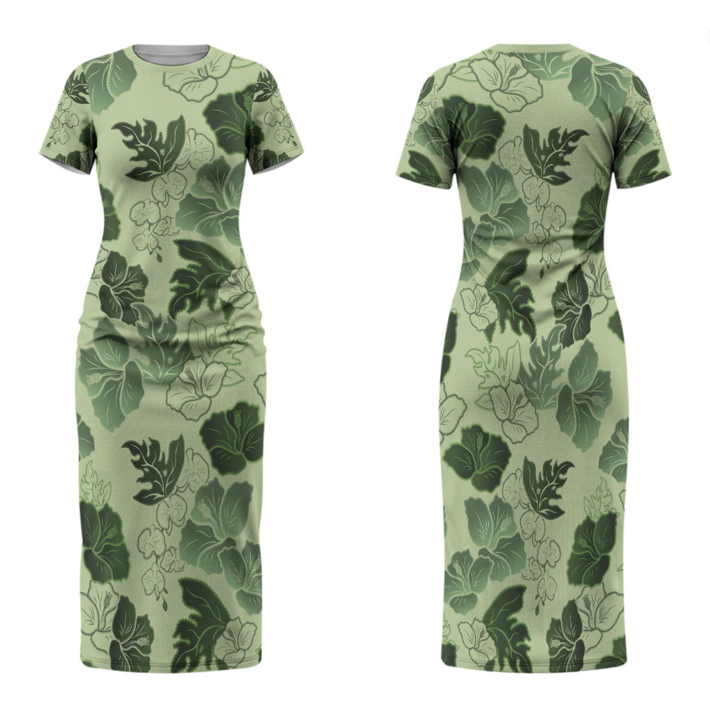 Vesuvian Green Aloha Hawaii Hibiscus Orchid Seamless Family Matching Short Sleeve Bodycon Dress and Hawaiian Shirt