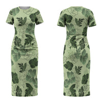 Vesuvian Green Aloha Hawaii Hibiscus Orchid Seamless Family Matching Short Sleeve Bodycon Dress and Hawaiian Shirt