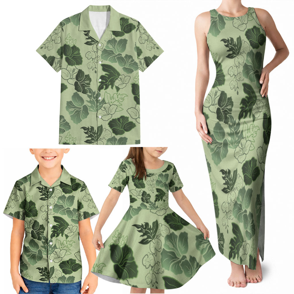 Vesuvian Green Aloha Hawaii Hibiscus Orchid Seamless Family Matching Tank Maxi Dress and Hawaiian Shirt