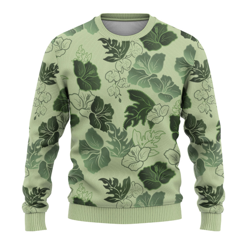 Vesuvian Green Aloha Hawaii Hibiscus Orchid Seamless Ugly Christmas Sweater
