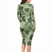 Vesuvian Green Aloha Hawaii Hibiscus Orchid Seamless Long Sleeve Bodycon Dress