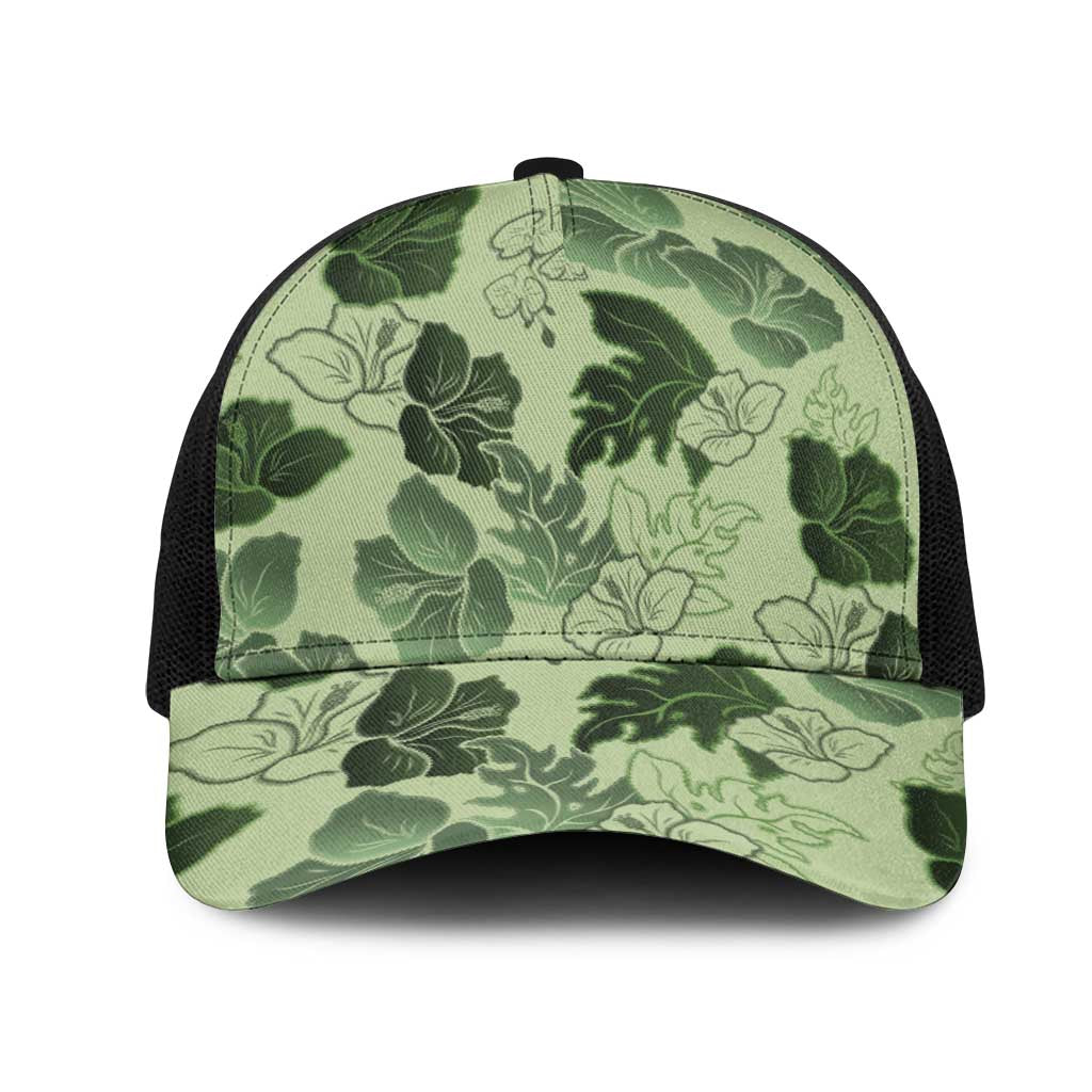 Vesuvian Green Aloha Hawaii Hibiscus Orchid Seamless Mesh Trucker Cap