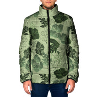 Vesuvian Green Aloha Hawaii Hibiscus Orchid Seamless Padded Jacket