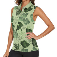 Vesuvian Green Aloha Hawaii Hibiscus Orchid Seamless Women Sleeveless Polo Shirt