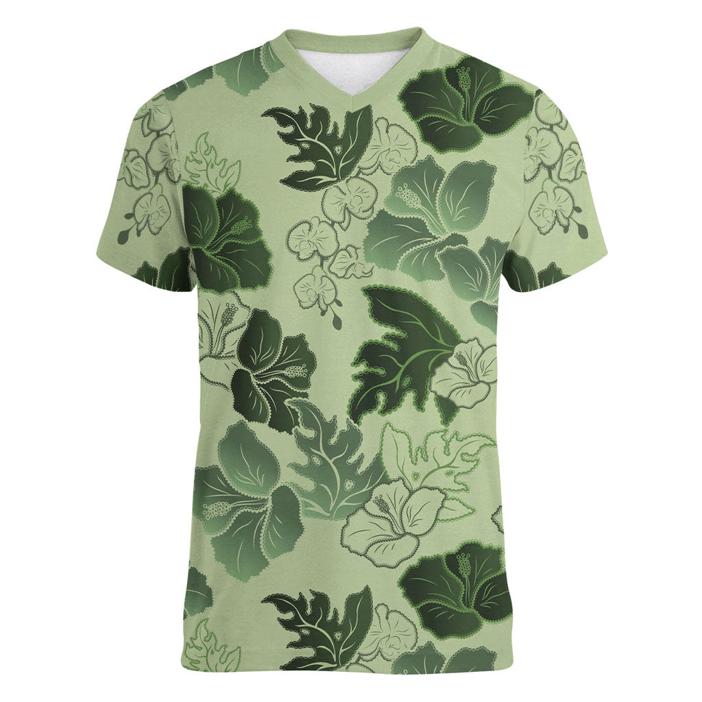 Vesuvian Green Aloha Hawaii Hibiscus Orchid Seamless Women V-Neck T-Shirt